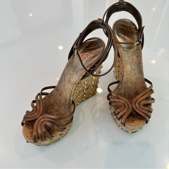 Gucci Studded Cecyl Leather Wedges - Picture 1 of 16
